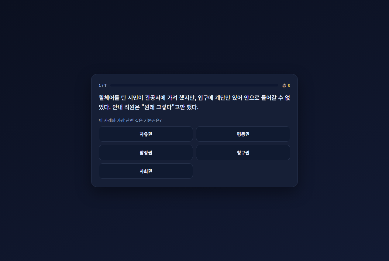 인권 재판관 판결 화면 — 차별 사례를 읽고 관련 기본권을 고르는 통합사회2 인권 단원 웹교구