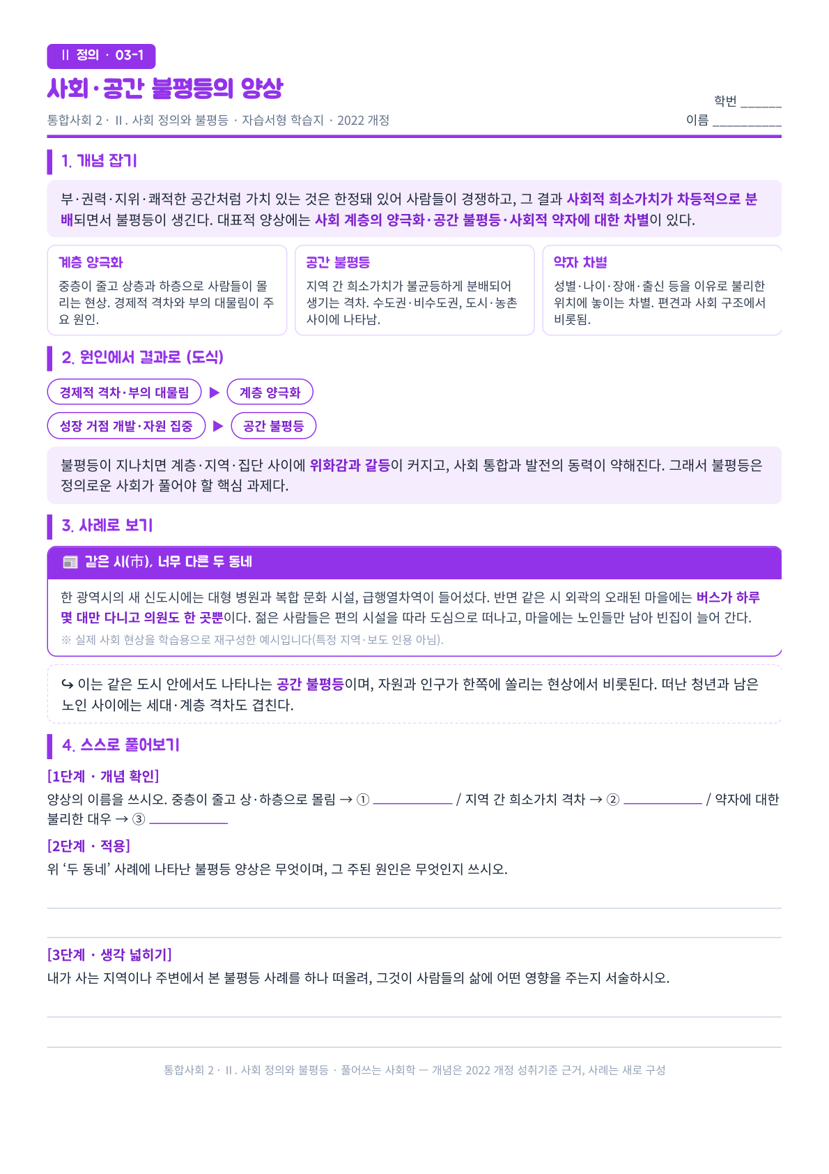 통합사회2 Ⅱ단원 사회 불평등과 공간 불평등의 양상 자습서형 학습지 미리보기 — 계층 양극화·공간 불평등·사회적 약자 차별 세 양상 정리와 두 동네 사례, 단계별 문제 수록