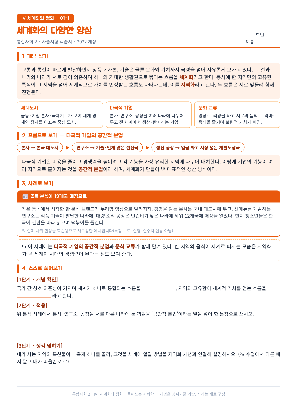 통합사회2 Ⅳ단원 세계화와 지역화 다국적 기업 공간적 분업 자습서형 학습지 미리보기 — 분식집 사례로 본사·연구소·생산 공장 입지를 나누는 비교표와 단계별 확인 문제 수록